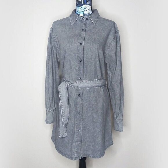 AVEC LES FILLES Denim Button Up Shirt Dress Belted Collared Gray Acid Wash Sz S - Picture 2 of 11